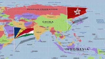 Hong Kong and Seychelles Flag Waving with The World Map, Seamless Loop in Wind, 3D Rendering video