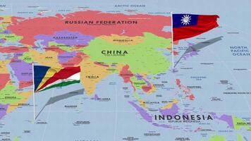 Taiwan and Seychelles Flag Waving with The World Map, Seamless Loop in Wind, 3D Rendering video