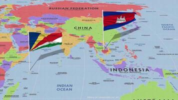 Cambodia and Seychelles Flag Waving with The World Map, Seamless Loop in Wind, 3D Rendering video