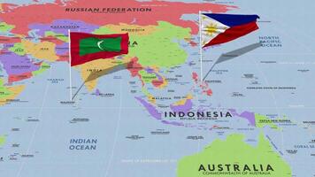 Philippines and Maldives Flag Waving with The World Map, Seamless Loop in Wind, 3D Rendering video