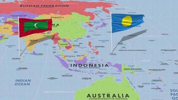 Palau and Maldives Flag Waving with The World Map, Seamless Loop in Wind, 3D Rendering video