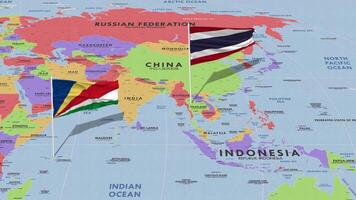 Thailand and Seychelles Flag Waving with The World Map, Seamless Loop in Wind, 3D Rendering video