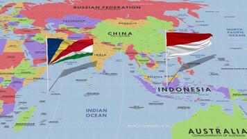 Indonesia and Seychelles Flag Waving with The World Map, Seamless Loop in Wind, 3D Rendering video