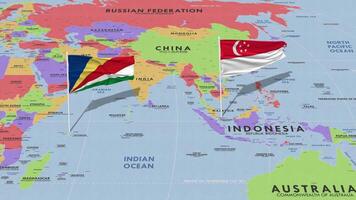 Singapore and Seychelles Flag Waving with The World Map, Seamless Loop in Wind, 3D Rendering video