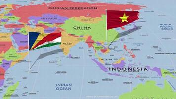 Vietnam and Seychelles Flag Waving with The World Map, Seamless Loop in Wind, 3D Rendering video