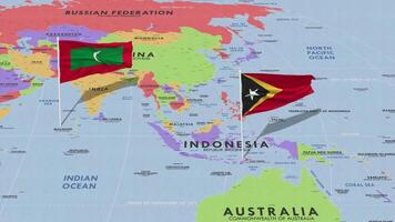 East Timor and Maldives Flag Waving with The World Map, Seamless Loop in Wind, 3D Rendering video