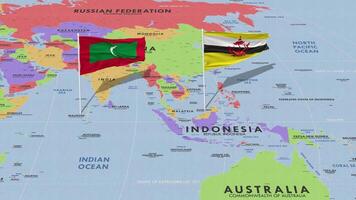Brunei and Maldives Flag Waving with The World Map, Seamless Loop in Wind, 3D Rendering video