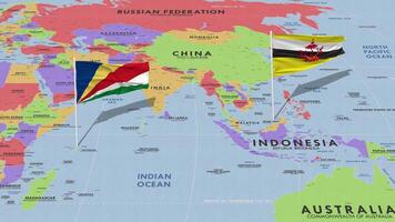 Brunei and Seychelles Flag Waving with The World Map, Seamless Loop in Wind, 3D Rendering video