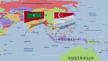 Singapore and Maldives Flag Waving with The World Map, Seamless Loop in Wind, 3D Rendering video