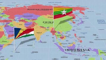 Myanmar, Burma and Seychelles Flag Waving with The World Map, Seamless Loop in Wind, 3D Rendering video