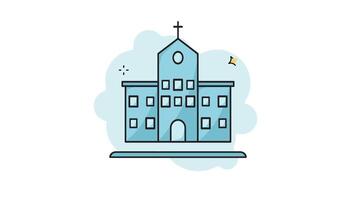 church building line art color animation 2D for religious activities concept , minimalist architecture animated footage motion graphic illustration design video