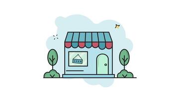 store building line art color animation 2D for business concept , minimalist architecture animated footage motion graphic illustration design video