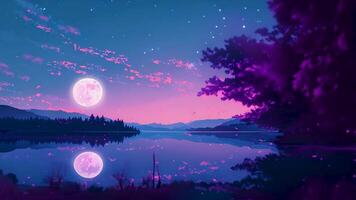 Purple hues paint the sky as the moon rises above a tranquil lake, casting a silvery reflection that illuminates the surrounding mountains and trees video