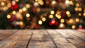 A scene featuring an empty wooden table top with a blurred Christmas background. video