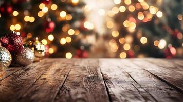 A scene featuring an empty wooden table top with a blurred Christmas background. video