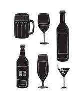 Set of alcohol bottles and glasses vector