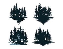Collection of Haunting Cabin Silhouette with Pine Trees Template Illustration vector