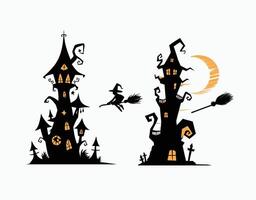 Dark Fantasy Crooked Tower with Wispy Clouds and Moonlight EPS Template vector