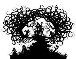 Mystical nightfall silhouetted trees and spooky manor EPS template vector