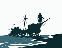 Ghostly Shipwreck Silhouette Eerie Waves and Spectral Figure EPS Template vector