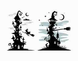 Night Crooked Witch's Tower with Broomstick and Moonlit Clouds EPS Template vector