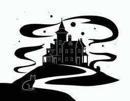 Silhouette of a Haunted Manor with Enigmatic Cat EPS Template vector