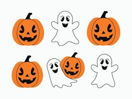 Whimsical Pumpkin and Ghost Silhouette Duo Smiling Poses on White Background vector