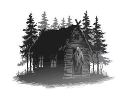 Mystical Forest Cabin with Fog EPS Template vector