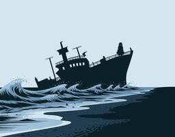 Desolate Shoreline Bold Silhouette of a Haunted Shipwreck EPS Template vector