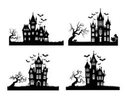 Collection of Mansion Silhouette with Bats and Trees EPS Template vector