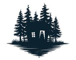 Haunting Cabin Silhouette with Pine Trees EPS Template vector