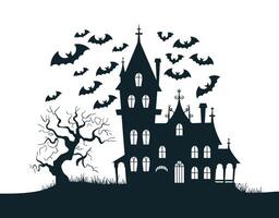 Gothic Fantasy Bats, Trees, and Mansion Silhouette EPS Template vector