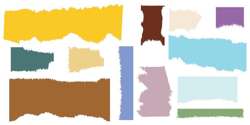 Color papers torn blank pages jagged rectangle shapes. Torn pages with uneven texture vectors.