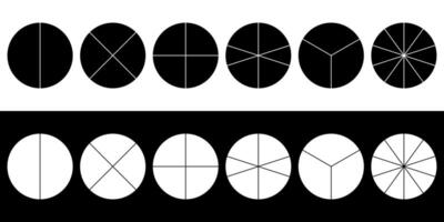 Circles divided in segments. Different numbers equal parts of the sector divides the circle illustration. vector