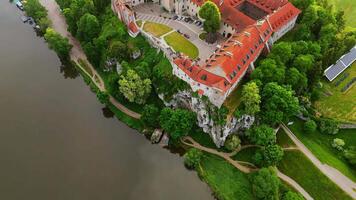 Aerial view of Benedictine abbey in Tyniec, Poland at dawn. video