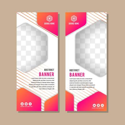 roll up mockup design templates with colorful hexagons, geometric shapes, tech background for vertical flyers, flags design templates, banner stands, advertising design mockups.