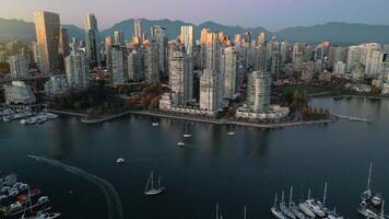 Aerial view of the skyscrapers in Downtown of Vancouver at sunset, Canada video