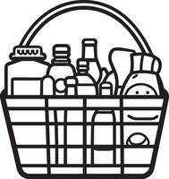 Shopping basket with variety of grocery products clean simple icon outline black vector