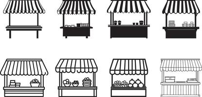 Collection of market stand stall with striped awning clean simple silhouette black vector