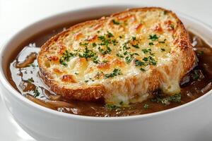 French onion soup with melted cheese photo