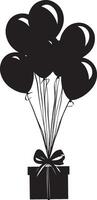 Bunch of flying balloons attached with gift box clean simple silhouette black vector