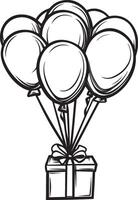 Bunch of flying balloons attached with gift box clean simple icon outline black vector