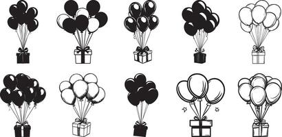 Collection of Bunch of flying balloons attached with gift box clean simple silhouette black vector