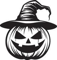 Scary Jack o lantern with witch hat linear black vector