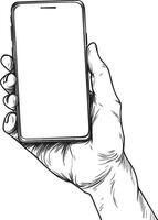 Hand holding smartphone clean simple outline black vector