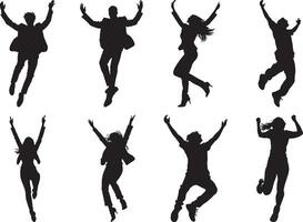 Collection of Happy people dancing or jumping full length silhouette black vector