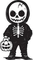 Little kid wearing Skeleton suit costume holding jack o lantern linear black vector