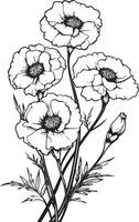 Composition of marigolds corner clean simple linear outline black vector
