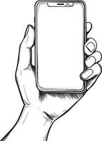 Hand holding smartphone clean simple outline black vector