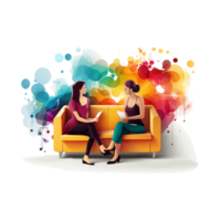 People sitting on sofa with colorful splashes. illustration for your design isolated on transparent background. png